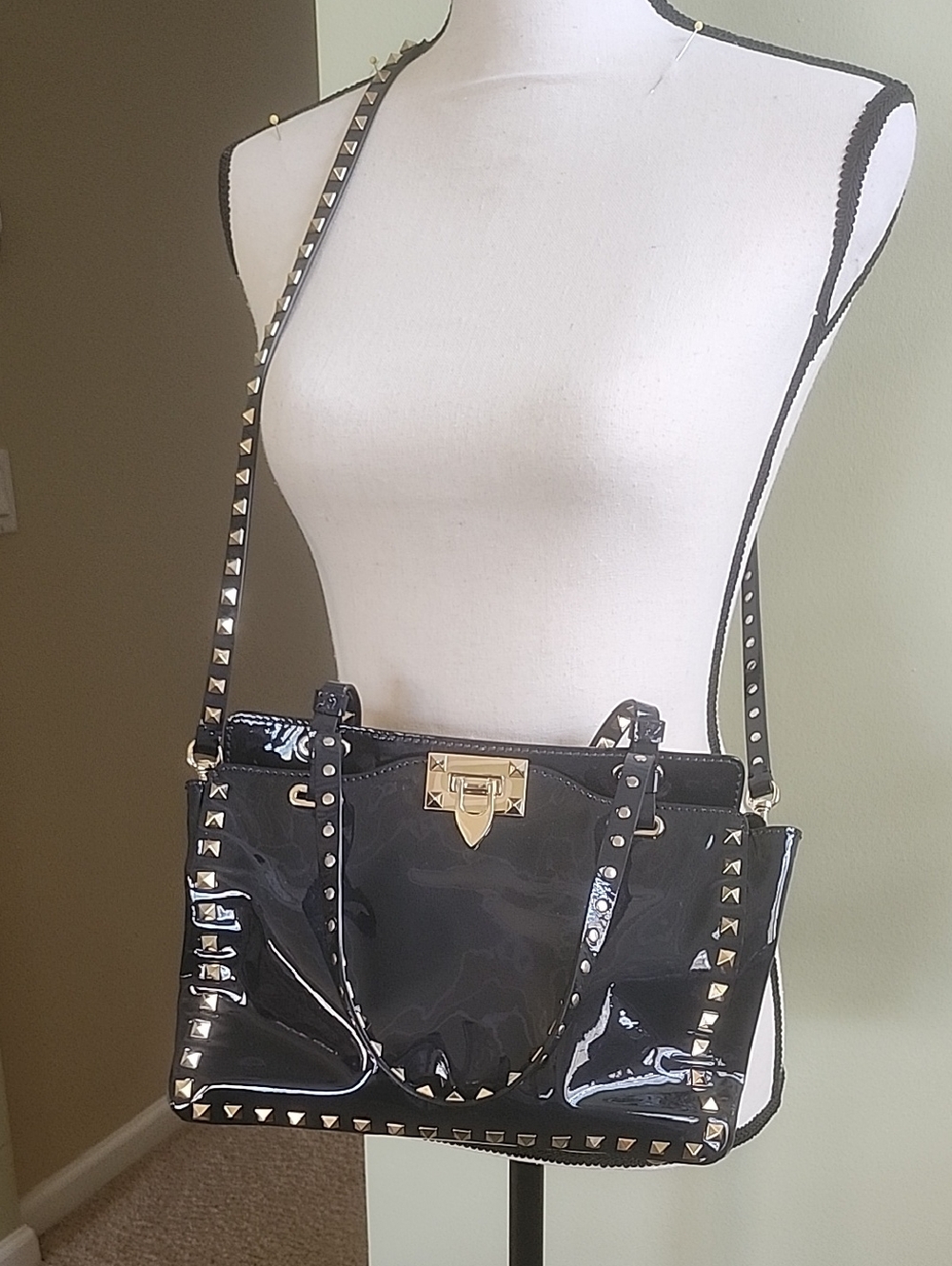 Authentic Valentino Rock Stud Patent Navy Shoulder Bag